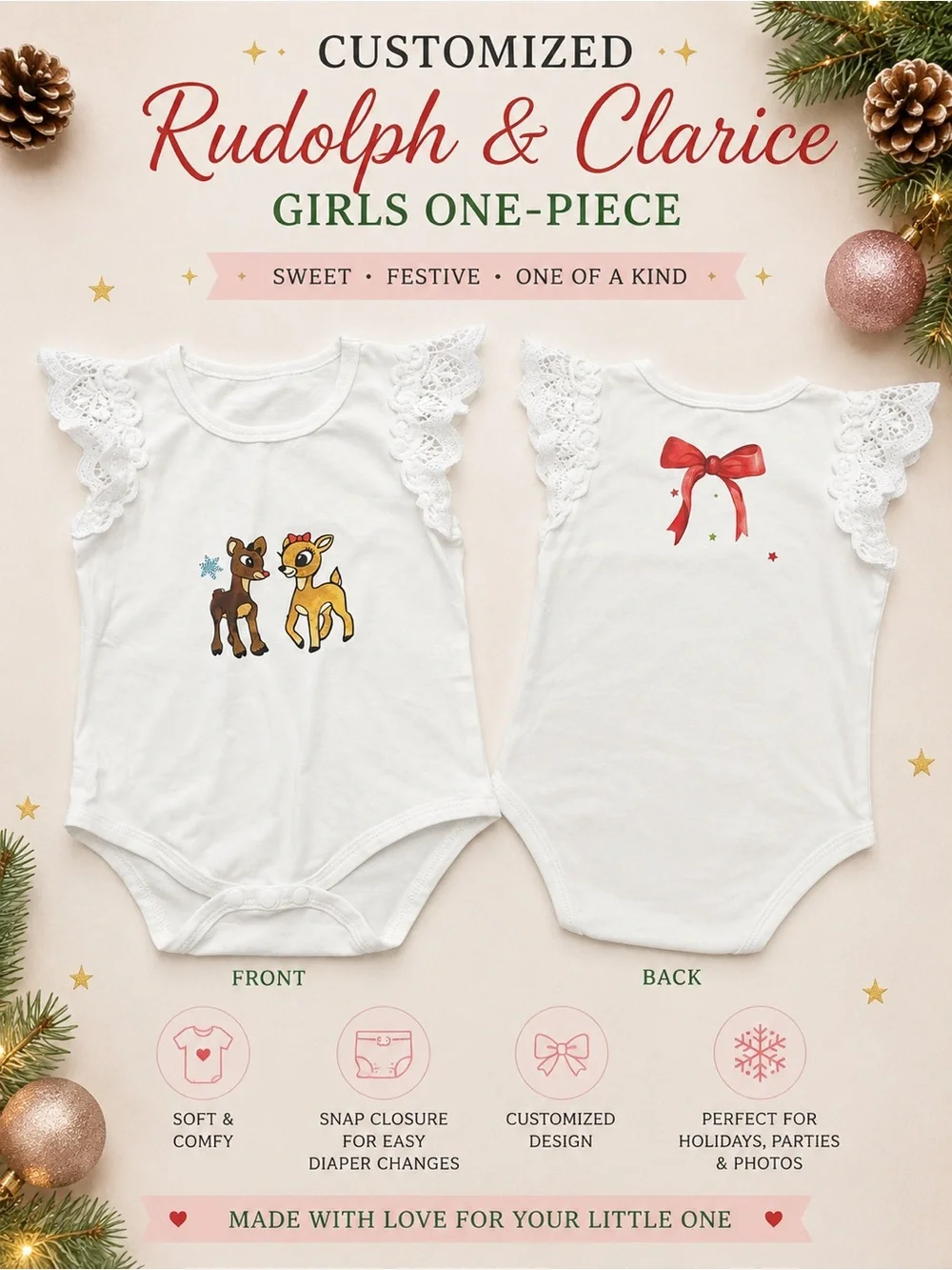 Custom White Girls One-Piece Bodysuit with Rudolph & Clarice Design